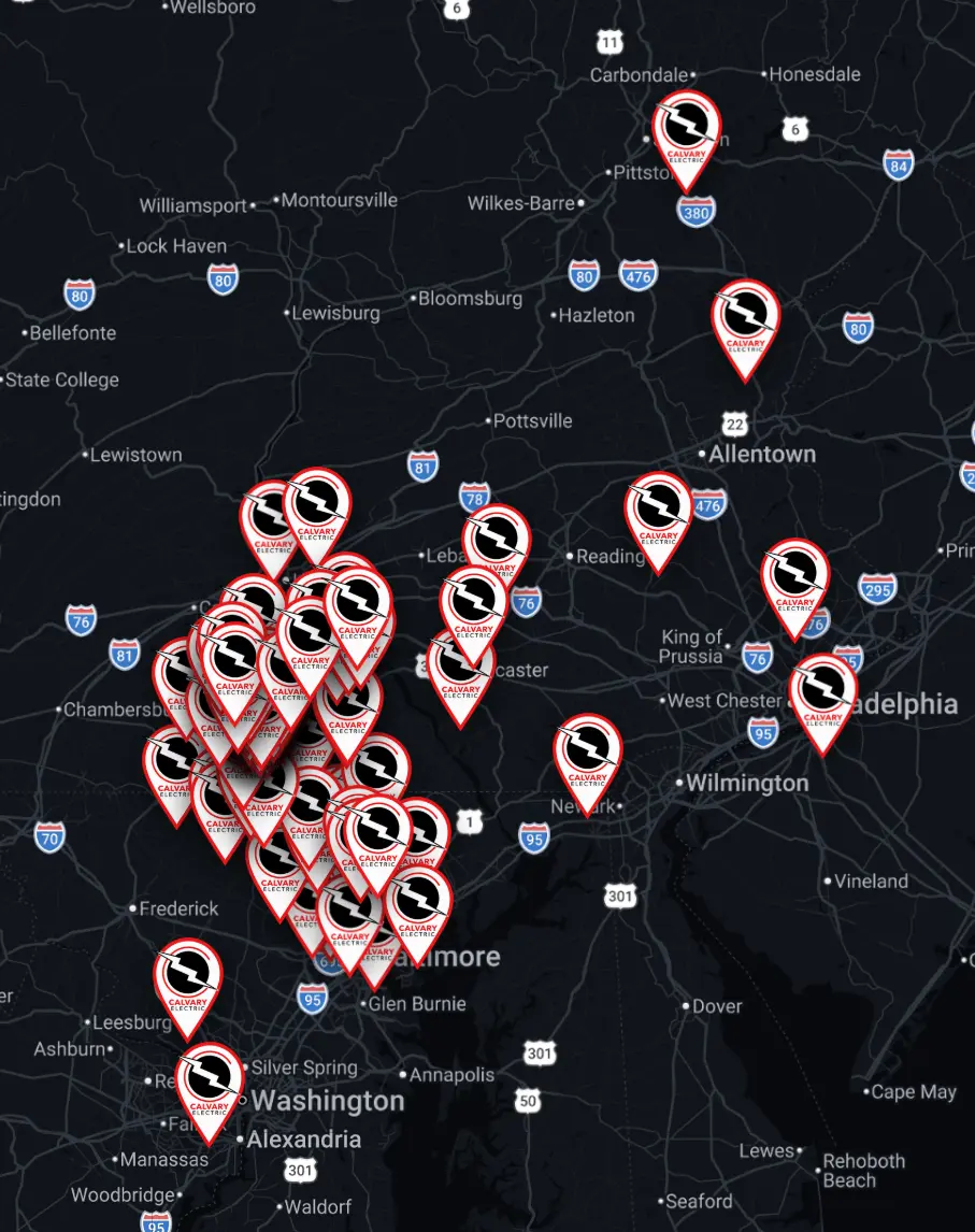 Calvary Electric Maryland and Pennsylvania service area map graphic
